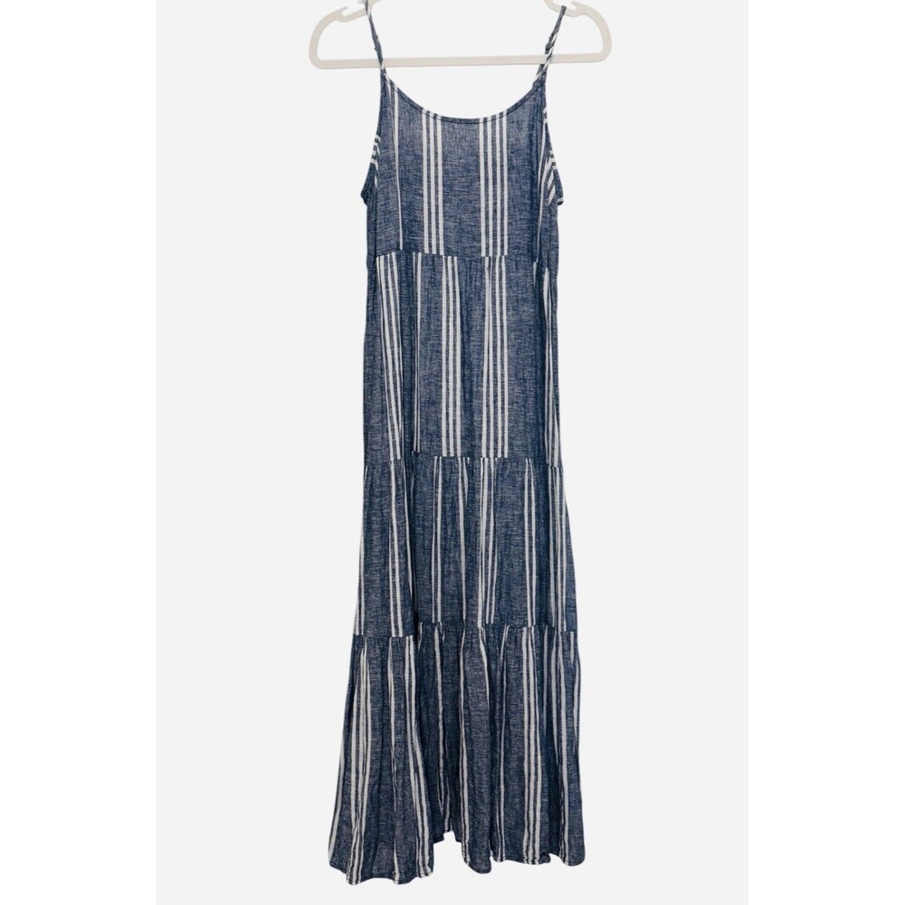 BeachLunchLounge Blue White Striped Linen Blend Tiered Maxi Dress Smocked Back M - Picture 2 of 7